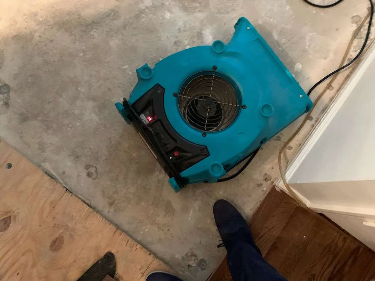 Air mover drying subfloor during Commercial Water Damage Restoration in West Pleasant View